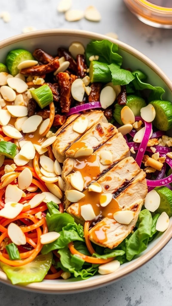 A vibrant bowl of Asian Sesame Grilled Chicken Salad with colorful vegetables and grilled chicken.