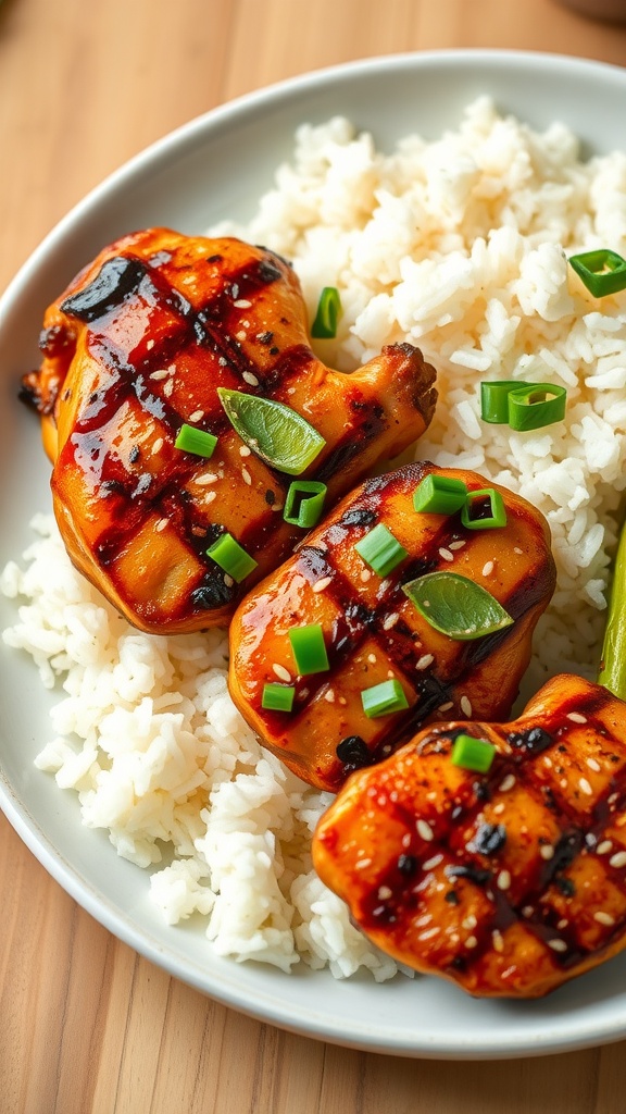 Grilled chicken thighs served with rice and garnished with green onions