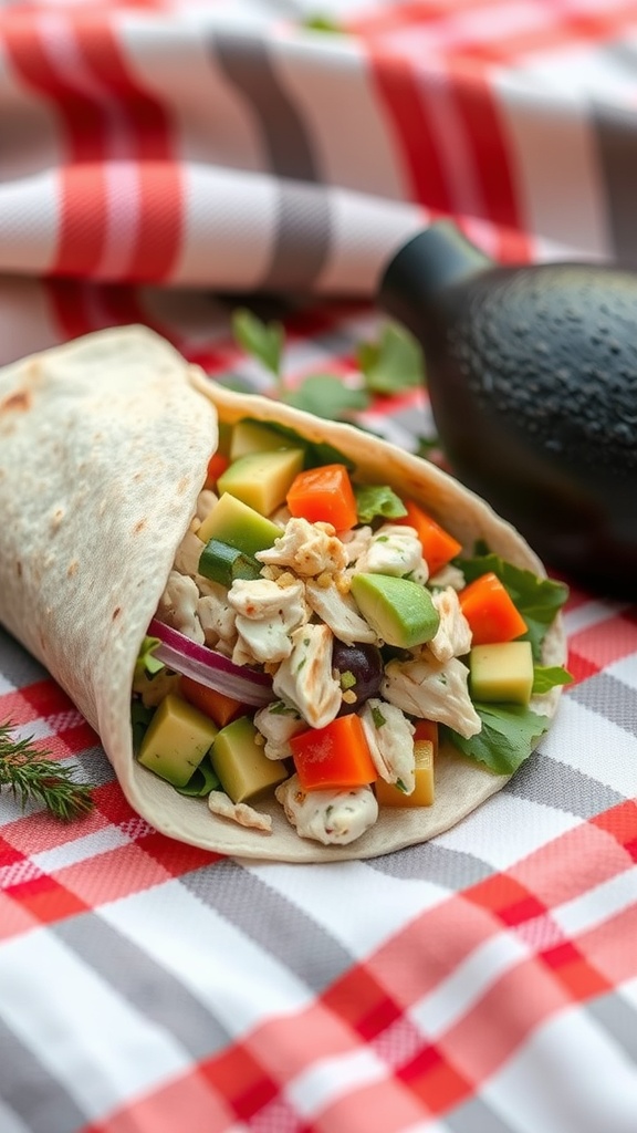 A delicious avocado chicken salad wrap filled with colorful vegetables.