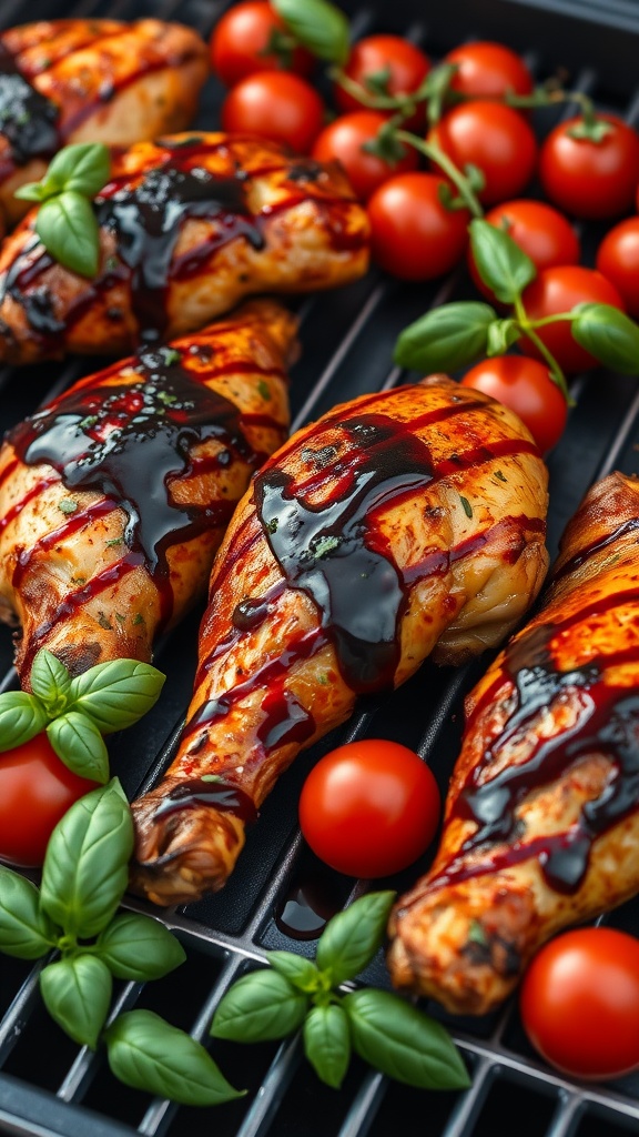 Grilled chicken legs with balsamic glaze and cherry tomatoes.