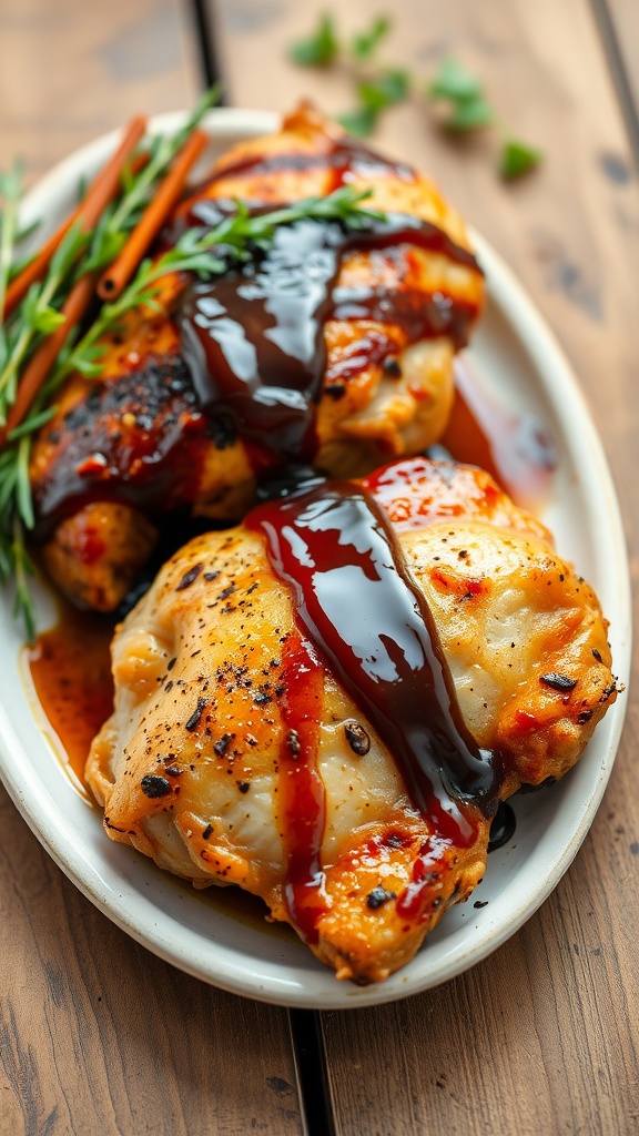 A plate of juicy and flavorful balsamic glazed chicken thighs garnished with herbs.