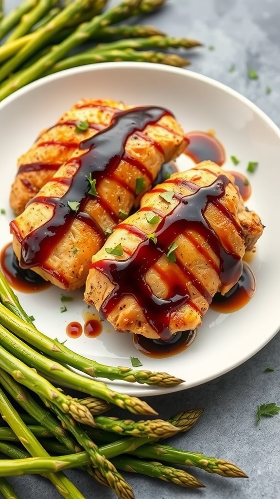 Delicious balsamic glazed chicken thighs served with asparagus