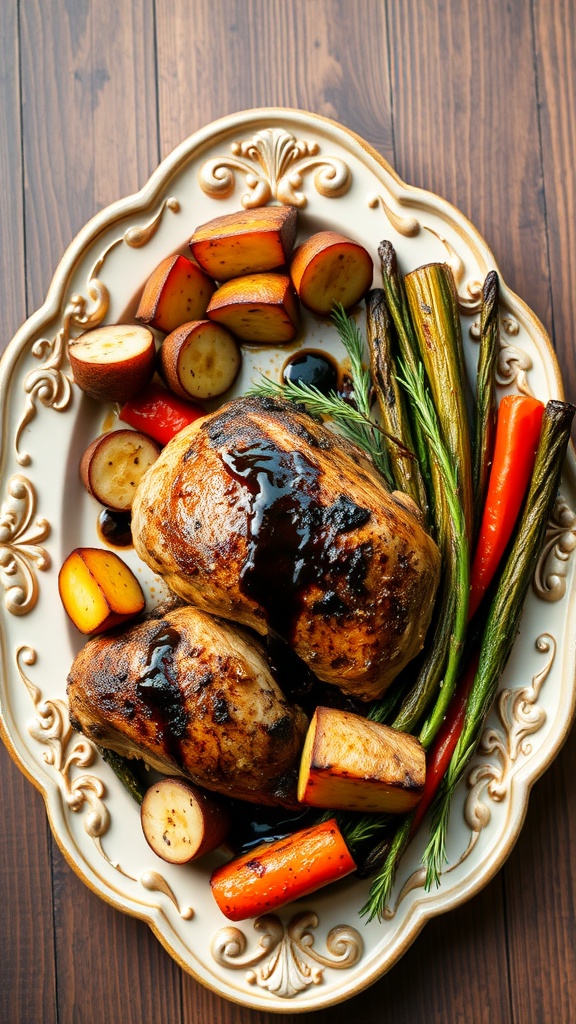 Balsamic glazed chicken served with roasted vegetables.