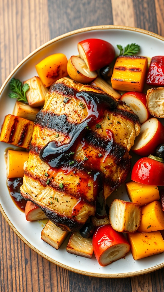 A plate of balsamic glazed chicken with assorted grilled vegetables