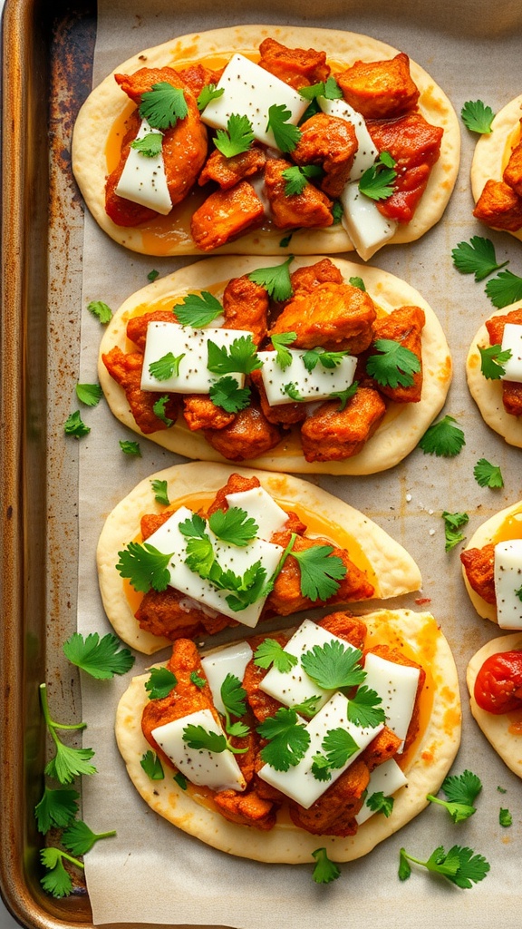 Delicious barbecue chicken flatbreads topped with cheese and cilantro