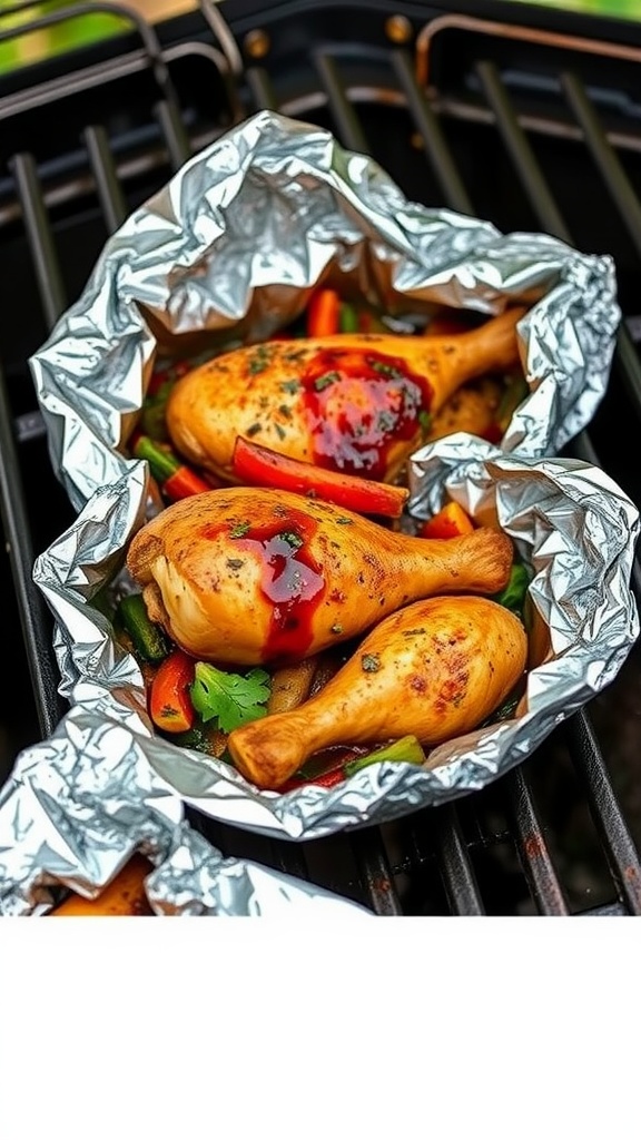 Barbecue chicken foil packets with vegetables on a grill