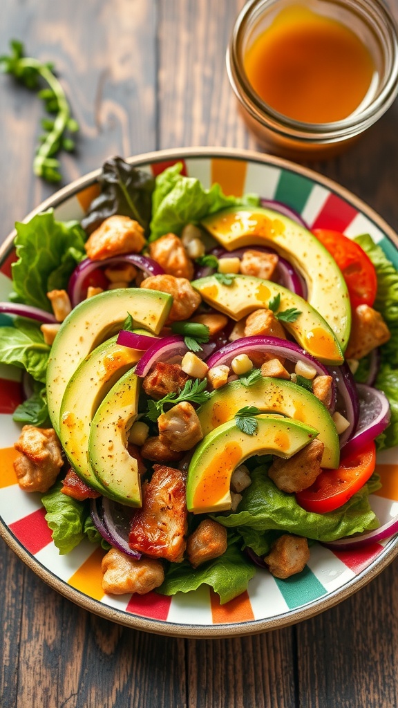 A colorful BBQ chicken and avocado salad served on a vibrant plate.