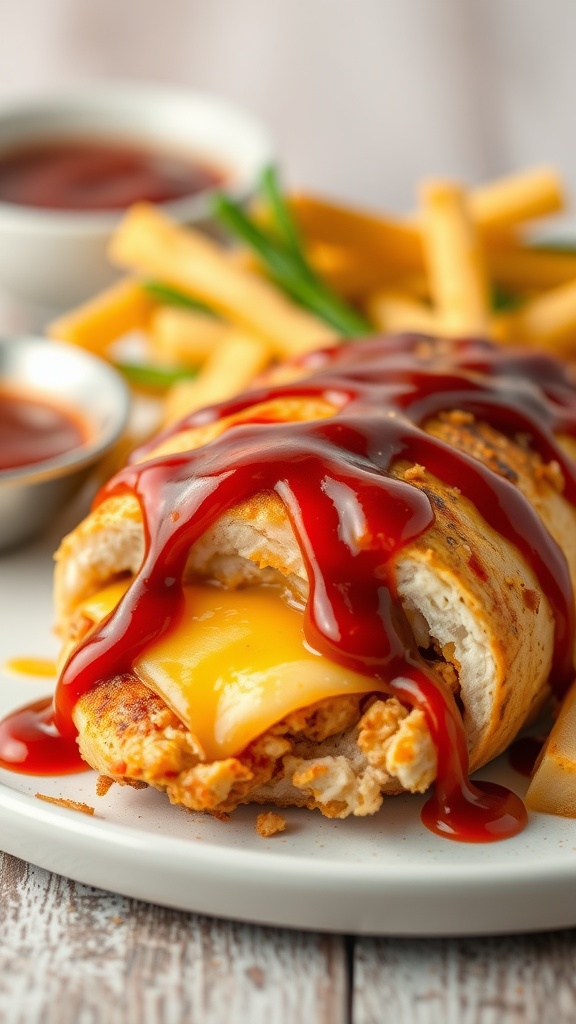BBQ chicken breast stuffed with cheddar cheese and topped with BBQ sauce