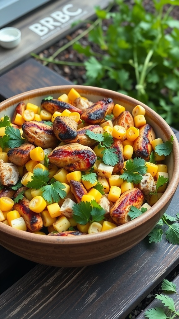 A bowl of BBQ Chicken and Corn Salad with vibrant colors and fresh ingredients.