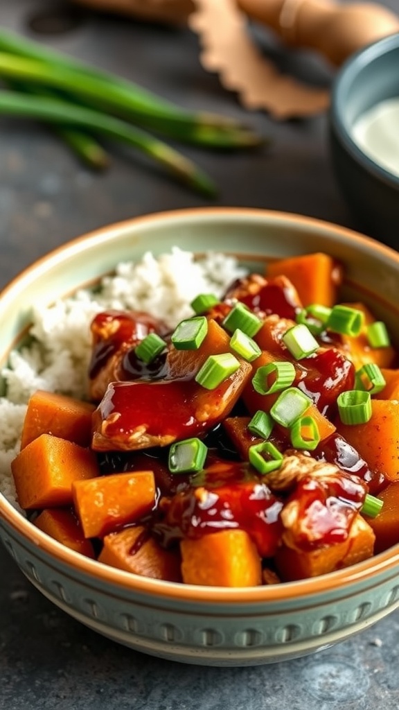 BBQ Chicken and Sweet Potato Bowl with green onions