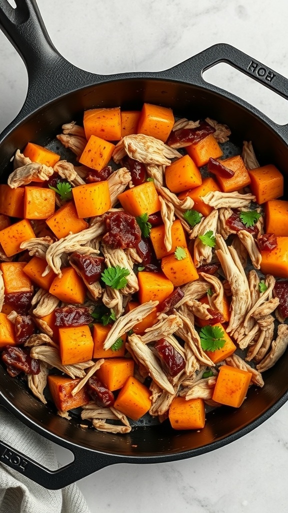 A skillet filled with BBQ chicken and diced sweet potatoes, garnished with cilantro.