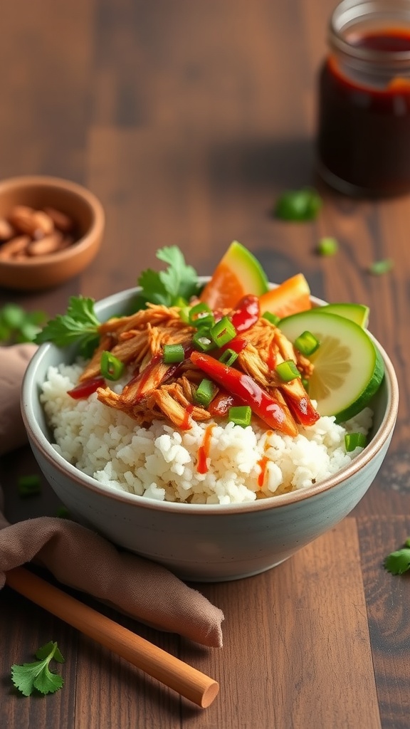 A delicious BBQ chicken cauliflower rice bowl topped with green onions and lime.