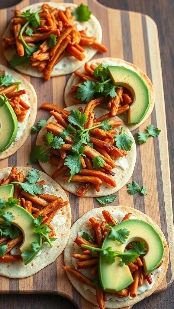 BBQ chicken flatbreads topped with avocado and cilantro on a wooden board.