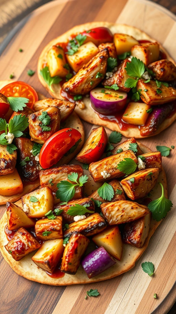 BBQ chicken flatbreads topped with fresh vegetables and cilantro