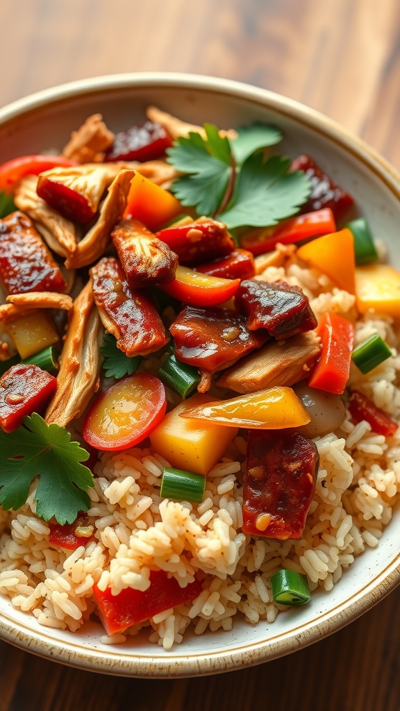 A bowl of BBQ Chicken Jambalaya with rice, shredded chicken, and colorful vegetables.