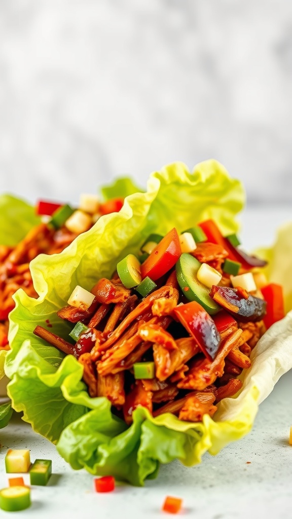 BBQ chicken lettuce wraps with colorful vegetables