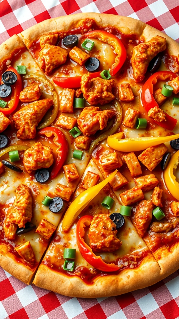 BBQ Chicken Pizza Supreme with colorful bell peppers and toppings