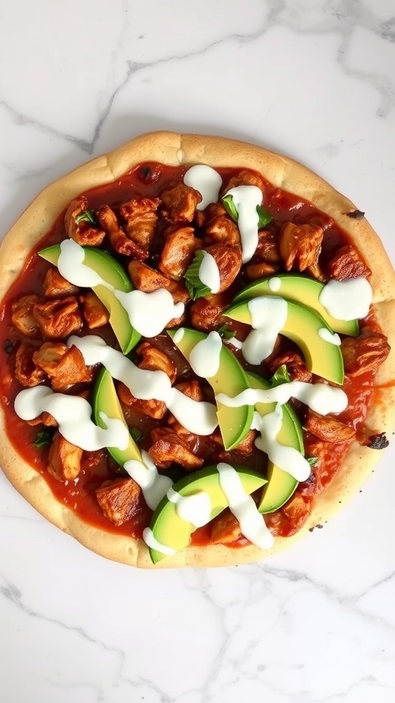 BBQ chicken pizza topped with avocado and drizzled with ranch dressing