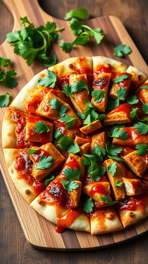 BBQ Chicken Pizza topped with cilantro on a wooden board.