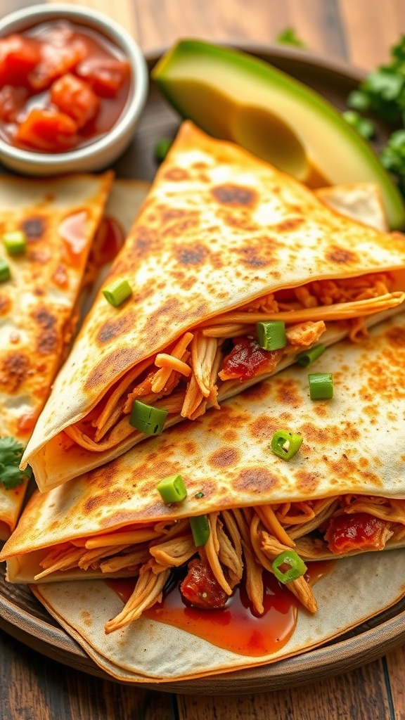 Delicious BBQ chicken quesadillas with melted cheese, served with green onions and dipping sauce.