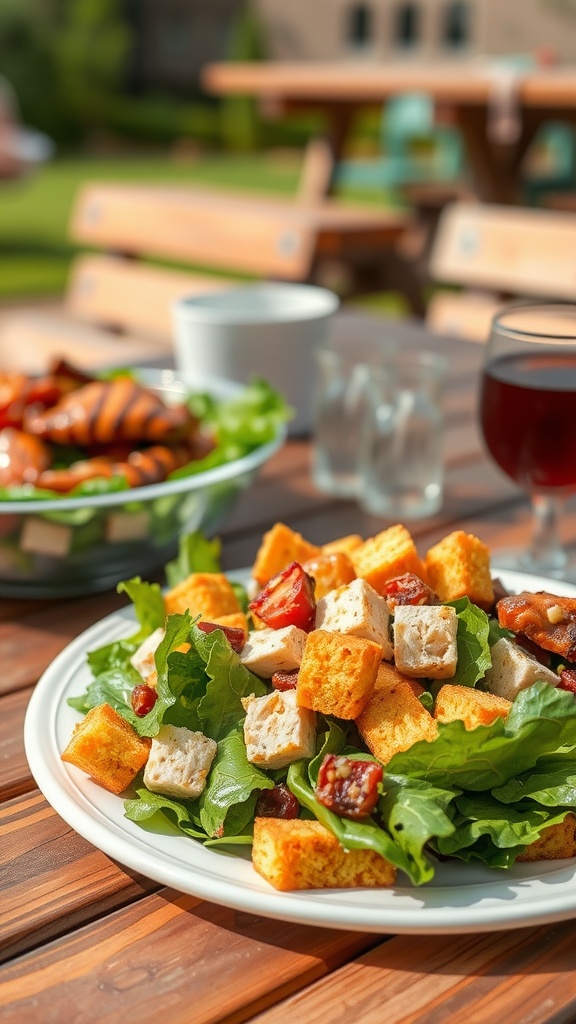 A colorful BBQ chicken salad with cornbread croutons on a plate, showcasing fresh greens, tomatoes, and diced chicken.