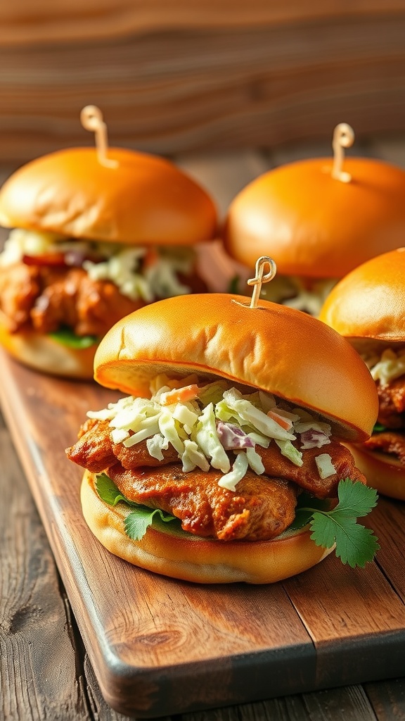 BBQ chicken sandwiches on a wooden board