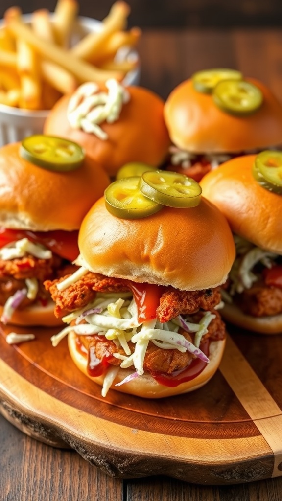 BBQ Chicken Sliders served on a wooden platter with toppings