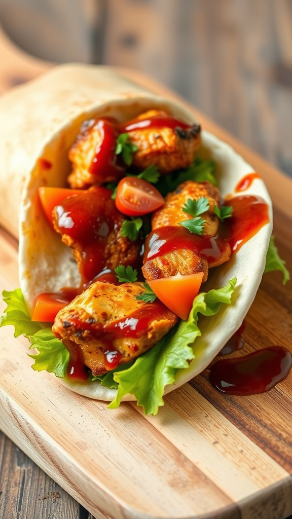 BBQ chicken strip wrap with lettuce, tomatoes, and barbeque sauce