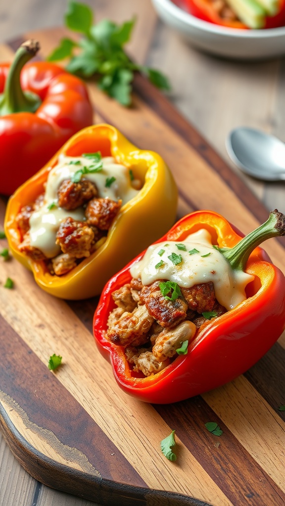 BBQ Chicken Stuffed Peppers on a wooden board