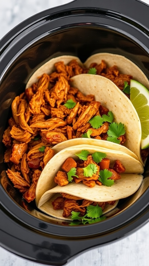 BBQ Chicken Tacos with shredded chicken in tortillas topped with cilantro