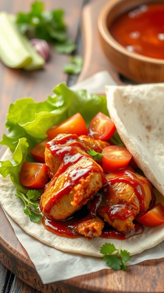 BBQ chicken thigh wraps with lettuce and tomatoes