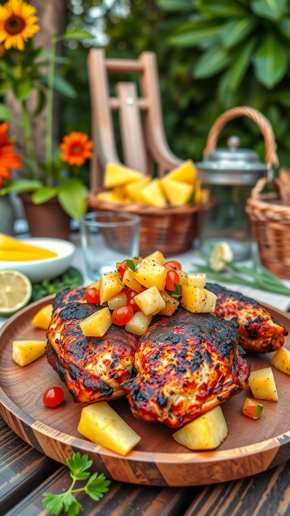 BBQ chicken thighs topped with pineapple salsa on a wooden plate.