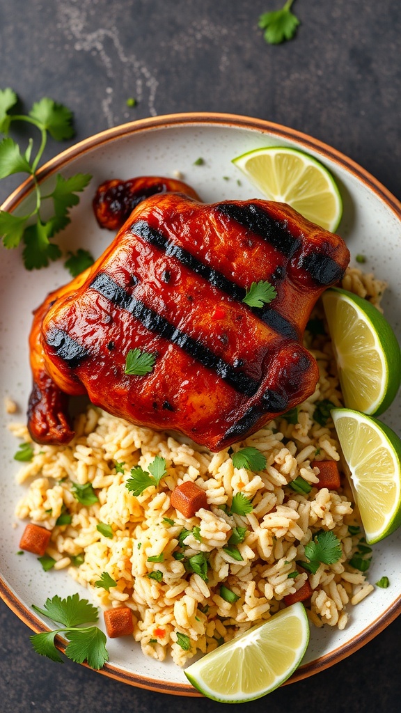Grilled BBQ chicken served with cilantro-lime rice and lime wedges.