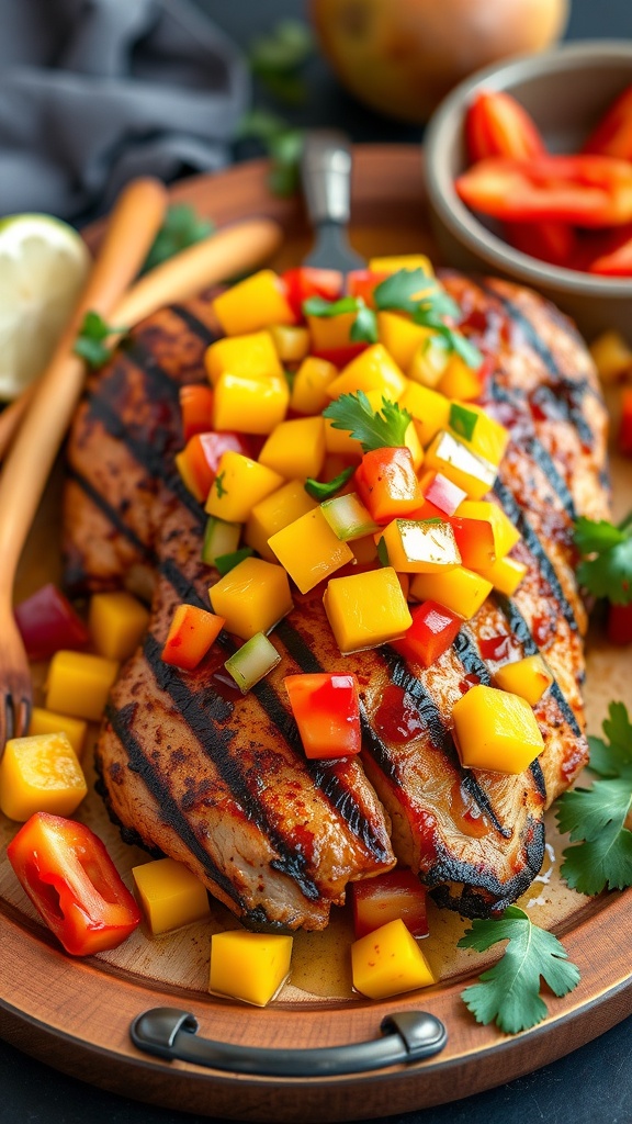 BBQ chicken topped with mango salsa on a wooden platter