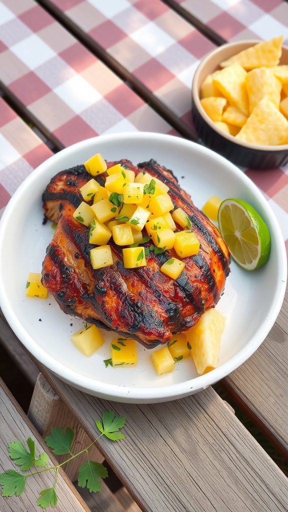 Delicious BBQ chicken topped with pineapple salsa on a white plate.