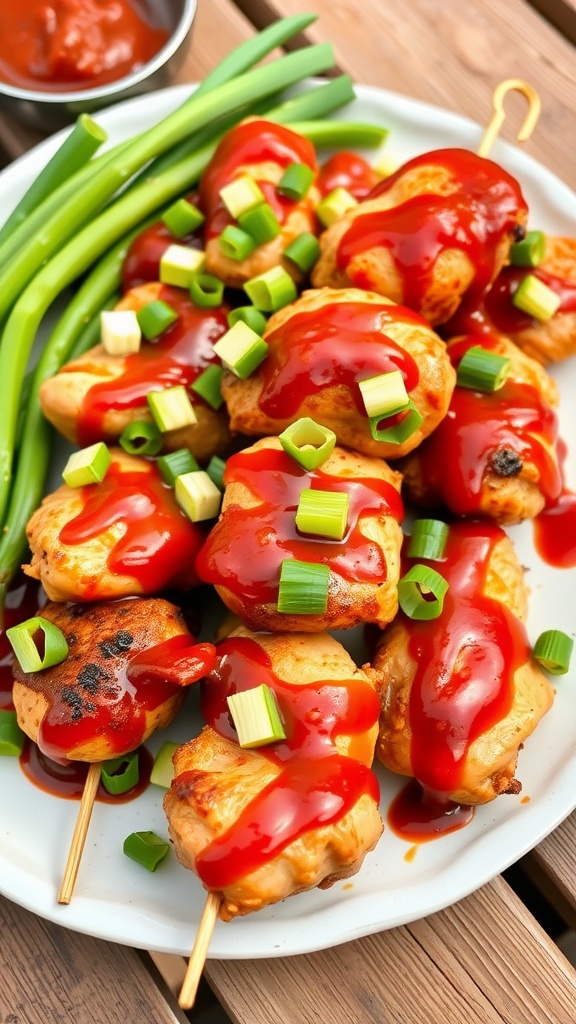 BBQ Ranch Chicken Skewers topped with green onions.