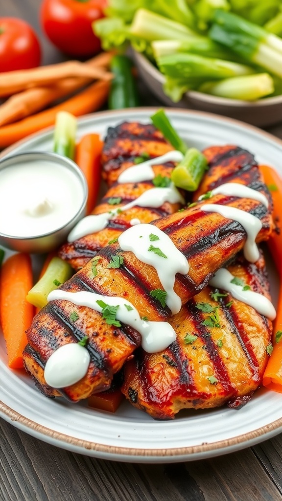 Grilled chicken tenders drizzled with BBQ sauce and ranch dressing, served with fresh vegetables.