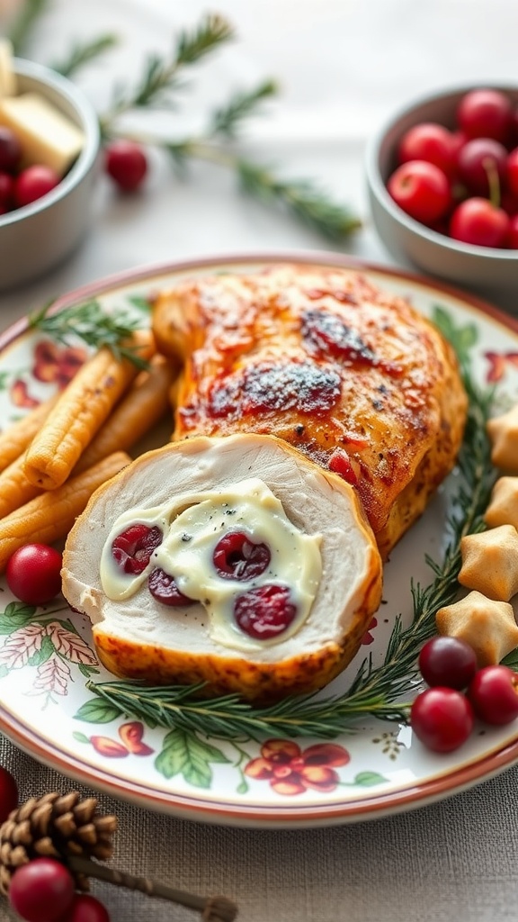 A delicious plate of stuffed chicken breast with Brie cheese and cranberries, garnished with herbs.