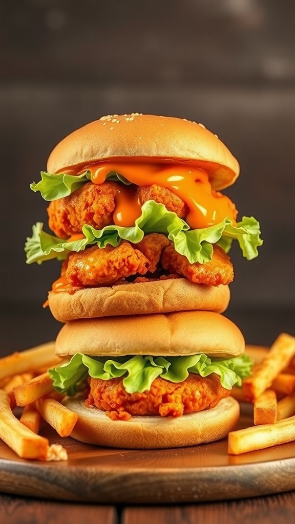Buffalo Air Fryer Chicken Sandwiches with lettuce and fries