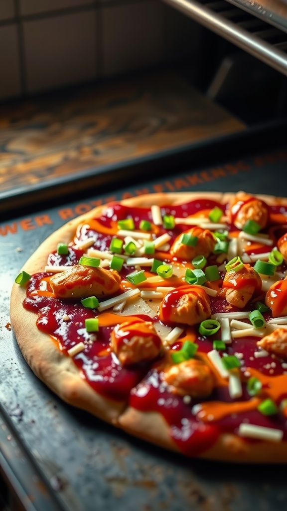 Buffalo BBQ Chicken Pizza ready to bake with toppings.