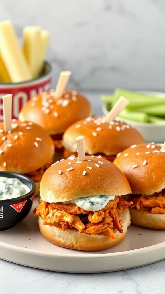 Buffalo BBQ pulled chicken sliders on a plate with dipping sauce and celery sticks.