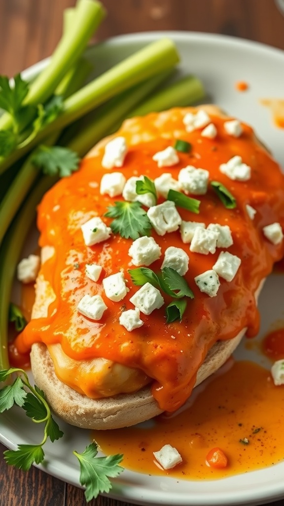 Buffalo chicken breast topped with blue cheese and garnished with parsley