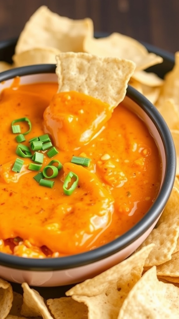 A bowl of buffalo chicken dip surrounded by tortilla chips.