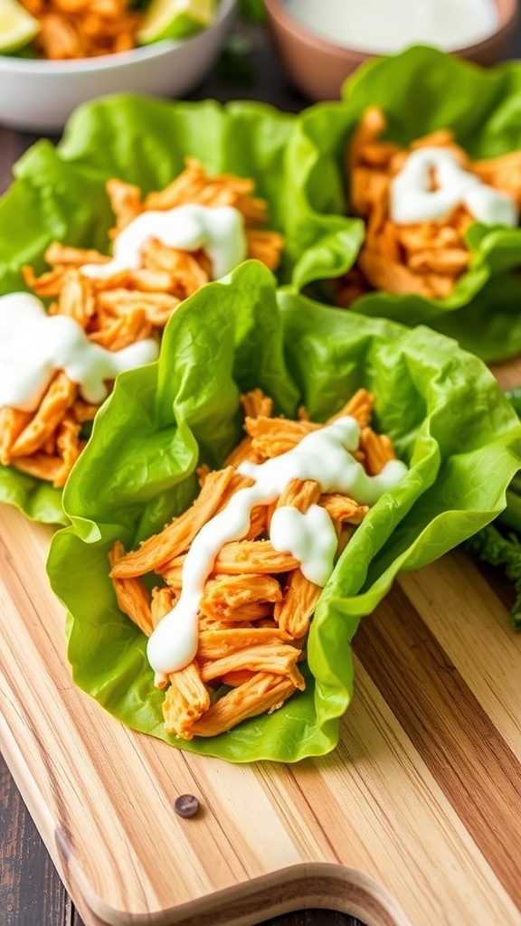 Buffalo chicken lettuce wraps with ranch dressing and fresh ingredients on a wooden board