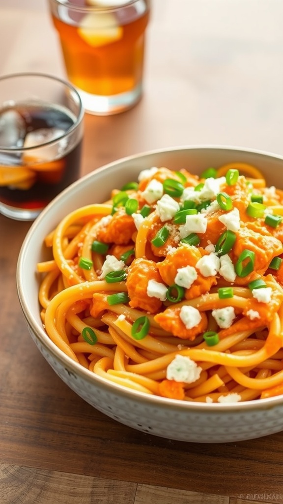 A bowl of buffalo chicken pasta topped with green onions and cheese.