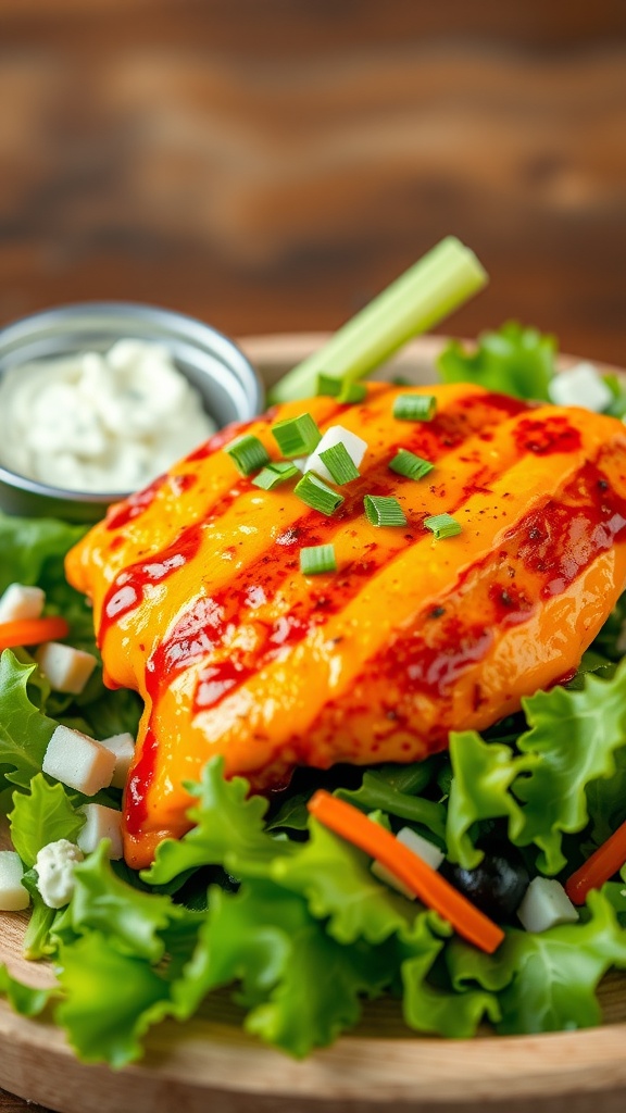 A vibrant Buffalo chicken salad with grilled chicken, mixed greens, and a drizzle of ranch dressing.