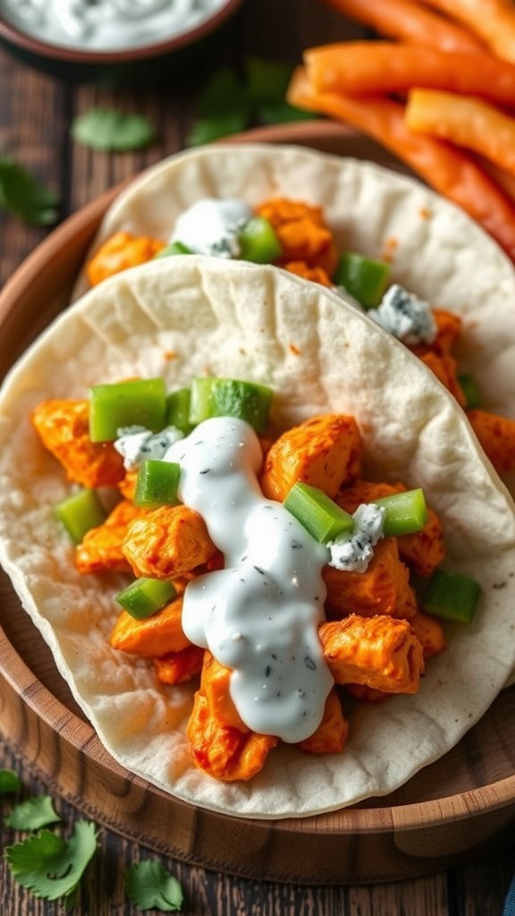 Buffalo chicken strip tacos with diced green peppers and ranch dressing on tortillas, served in a wooden bowl.