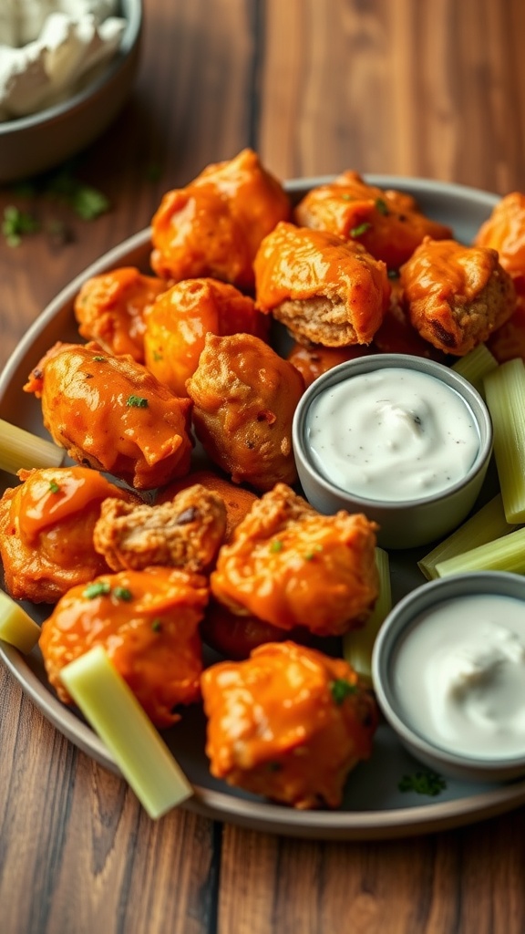 Plate of Buffalo Chicken Thigh Bites with dipping sauces and celery sticks