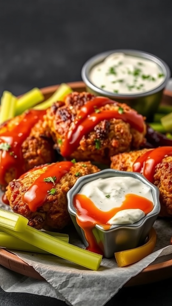 Plate of buffalo chicken thighs with blue cheese sauce and celery sticks