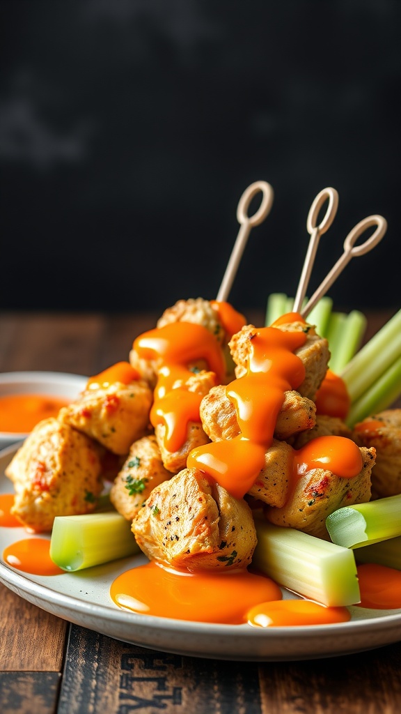 Buffalo Ranch Chicken Skewers drizzled with sauce on a plate with celery sticks.